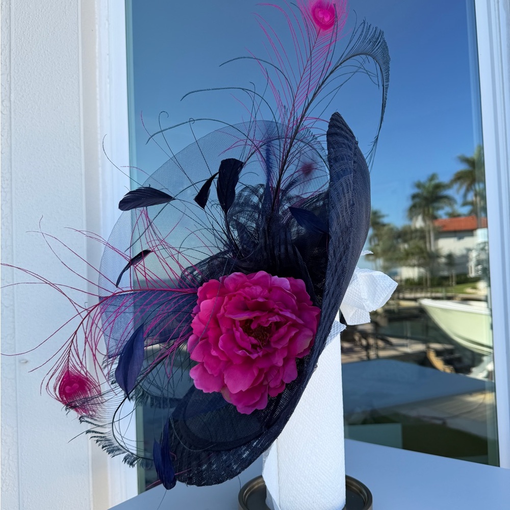 Women’s Navy Blue Fascinator Hat with Fuchsia Flower